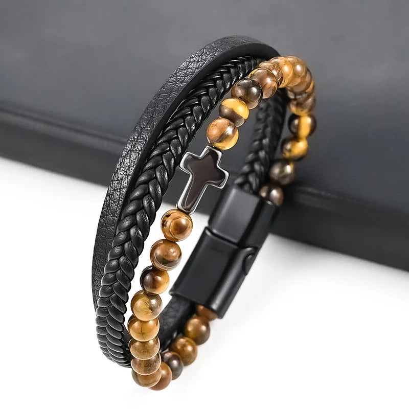 Leren Armband met Kruis en Kralen - Zwart met Bruin