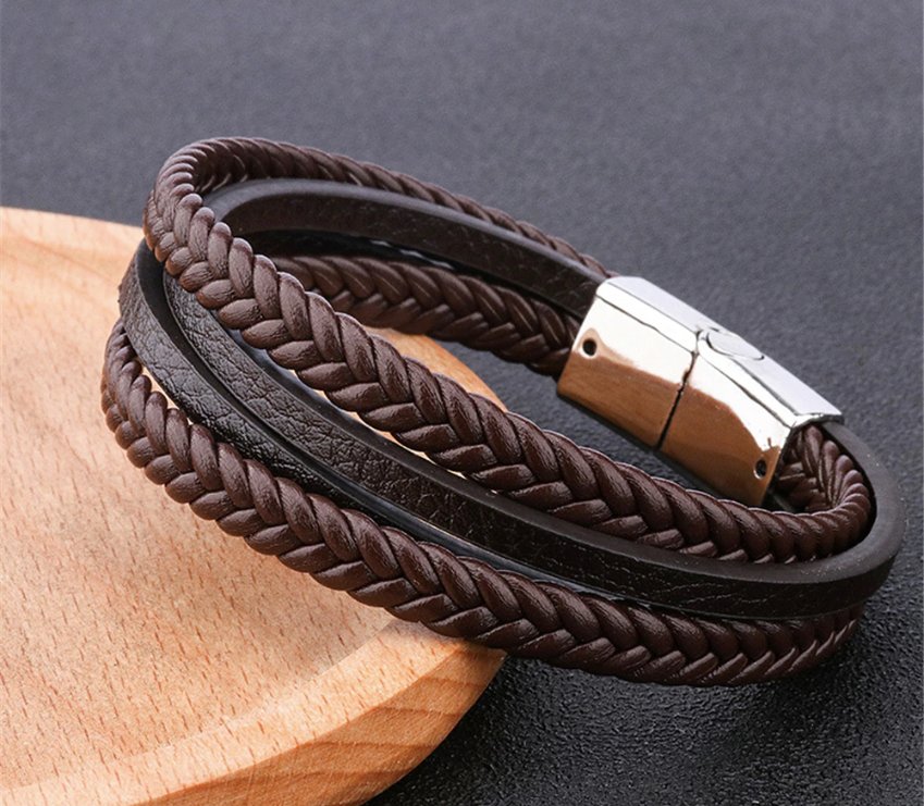 Leren Armband met Dubbele Vlecht - Bruin met Zilver Kleurige Sluiting - TrendFox