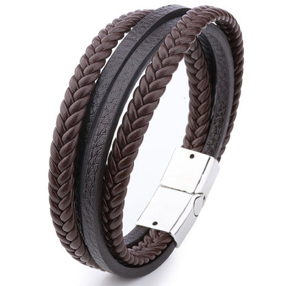 Leren Armband met Dubbele Vlecht - Bruin met Zilver Kleurige Sluiting - TrendFox