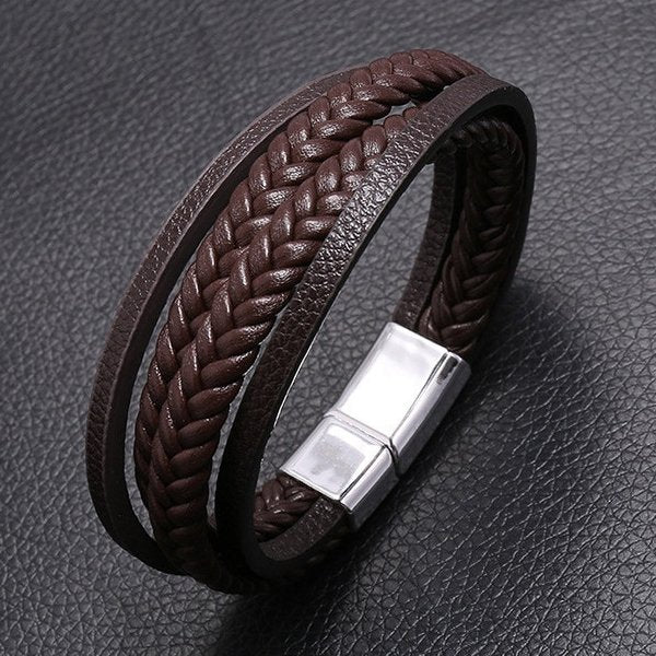 Leren Armband met Dubbele Vlecht - Bruin met Zilver Kleurige Sluiting - TrendFox