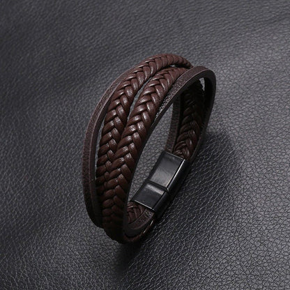 Leren Armband met Dubbele Vlecht - Bruin met Zwarte Sluiting - TrendFox