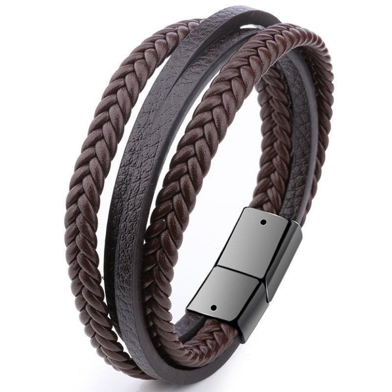 Leren Armband met Dubbele Vlecht - Bruin met Zwarte Sluiting - TrendFox