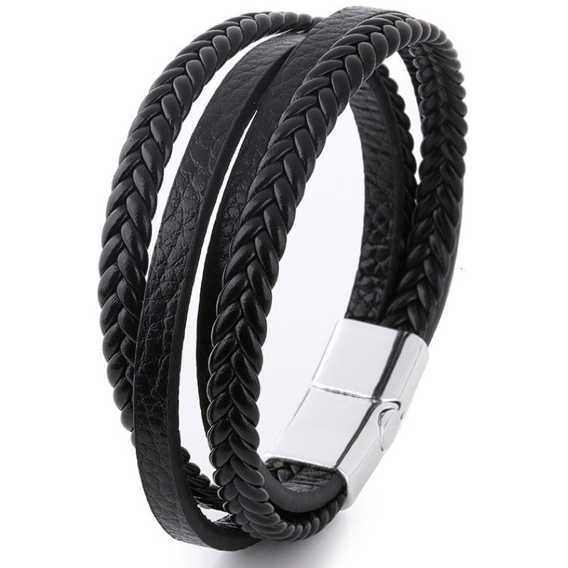 Leren Armband met Dubbele Vlecht - Zwart met Zilver Kleurige Sluiting - TrendFox