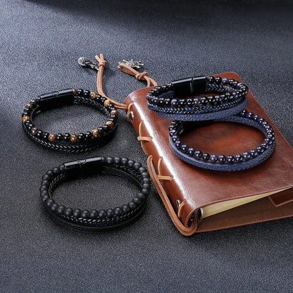 Leren Armband met Kralen - Blauw met Zwarte Kralen - TrendFox