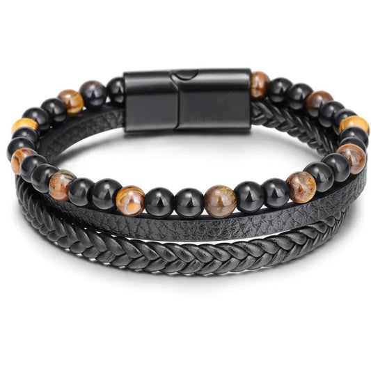 Leren Armband met Kralen - Zwart met Bruine Kralen - TrendFox