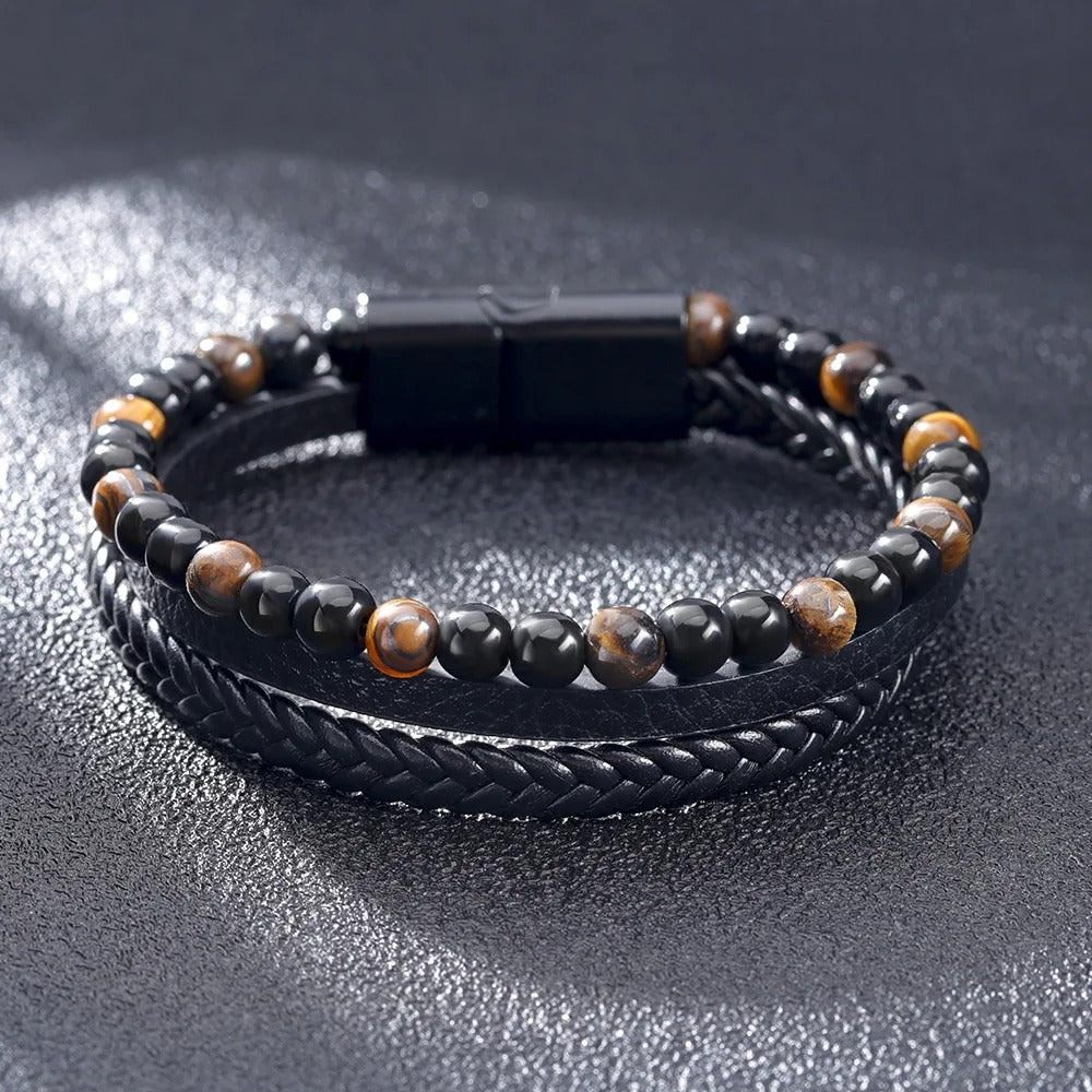 Leren Armband met Kralen - Zwart met Bruine Kralen - TrendFox