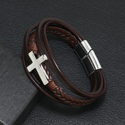 Leren Armband met Kruis - Bruin met Zilver Kleurige Sluiting - TrendFox