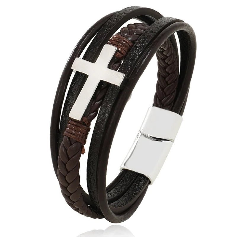 Leren Armband met Kruis - Bruin met Zilver Kleurige Sluiting - TrendFox