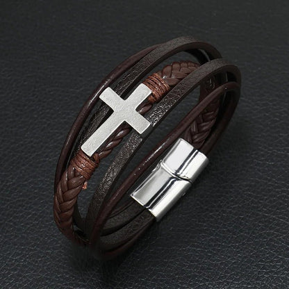 Leren Armband met Kruis - Bruin met Zilver Kleurige Sluiting - TrendFox