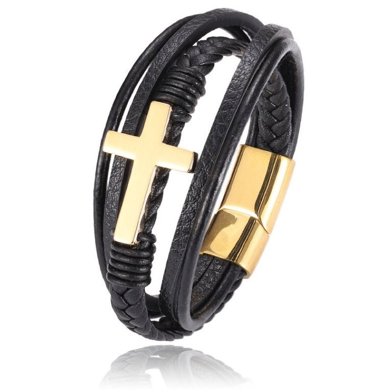 Leren Armband met Kruis - Zwart met Goud Kleurige Sluiting - TrendFox