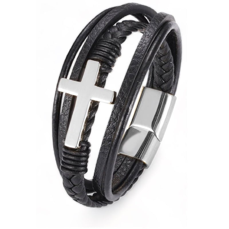 Leren Armband met Kruis - Zwart met Zilver Kleurige Sluiting - TrendFox