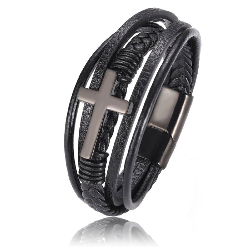 Leren Armband met Kruis - Zwart met Zwarte Sluiting - TrendFox