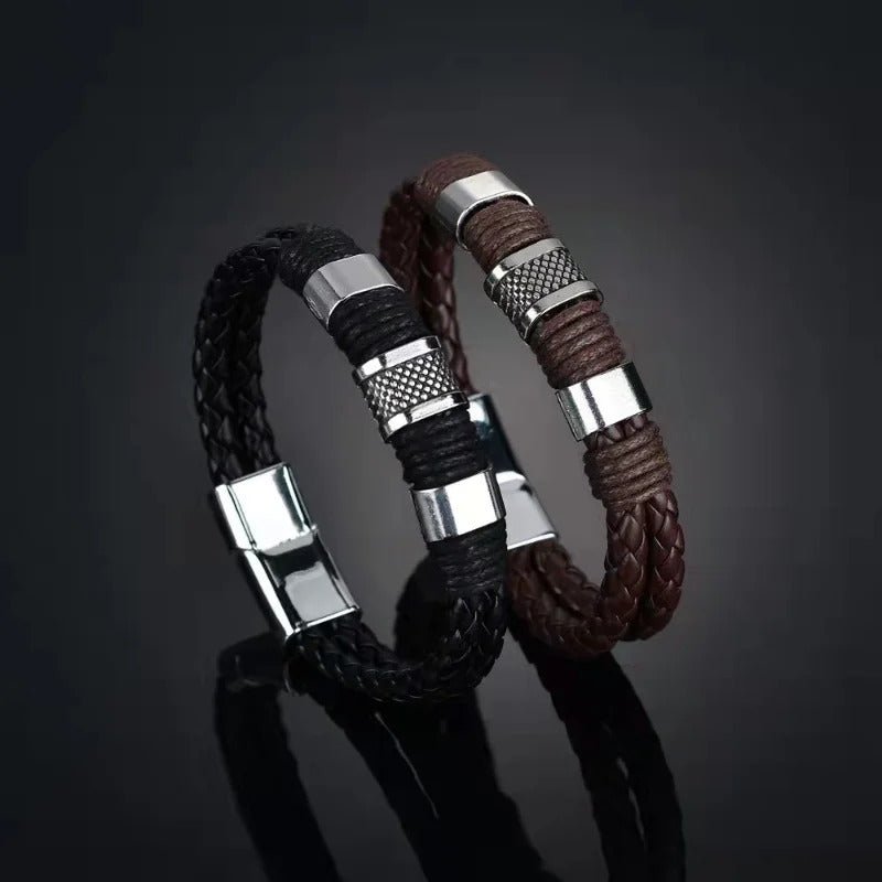 Leren Armband met Stalen Accenten - Zwart - TrendFox