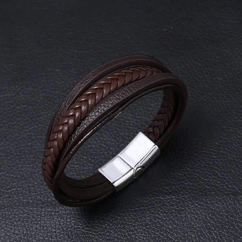 Leren Armband met Vlecht - Bruin met Zilver Kleurige Sluiting - TrendFox