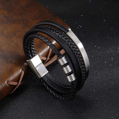 Leren Armband met Vlecht en Accenten - Zwart met Zilver - TrendFox