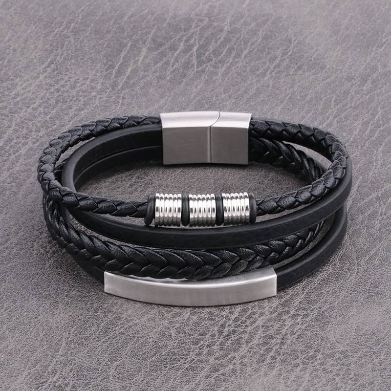 Leren Armband met Vlecht en Accenten - Zwart met Zilver - TrendFox