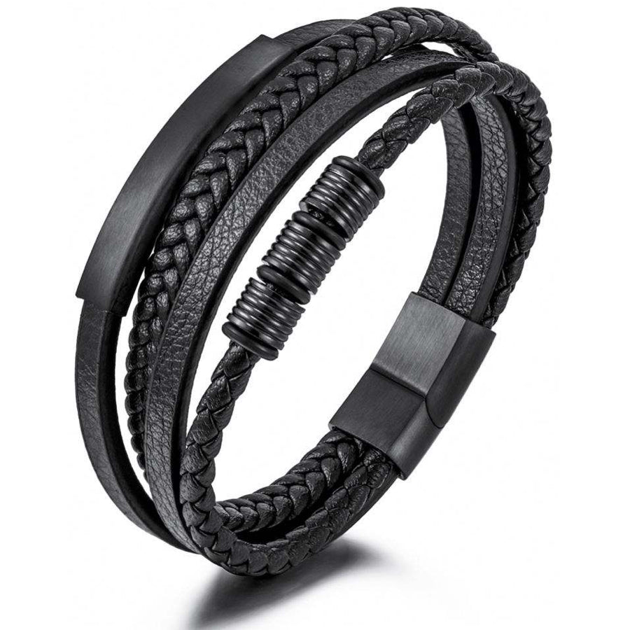 Leren Armband met Vlecht en Accenten - Zwart met Zwart - TrendFox