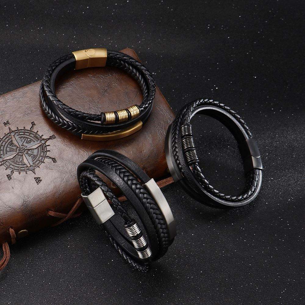 Leren Armband met Vlecht en Accenten - Zwart met Zwart - TrendFox